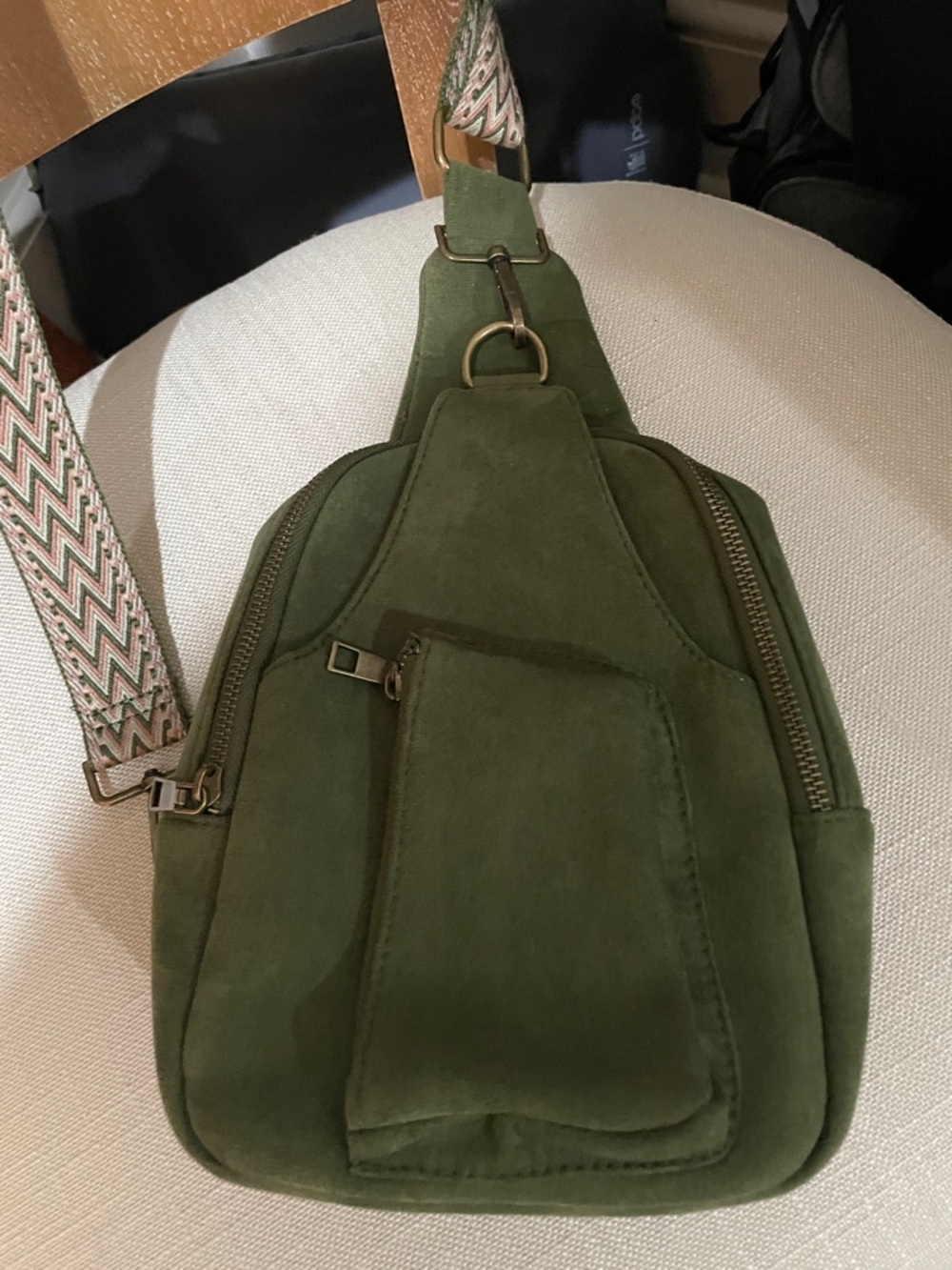 ah.dorned Olive Suede like Crossbody Bag with Patterned Strap